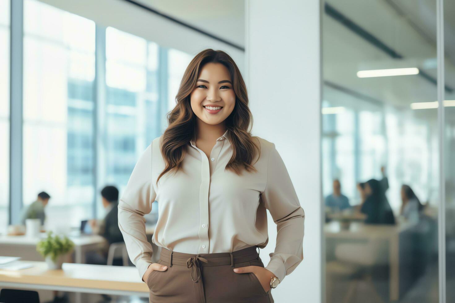 más Talla gerente asiático mujer de negocios CEO confidente y en pie frente de moderno oficina, ai generado foto