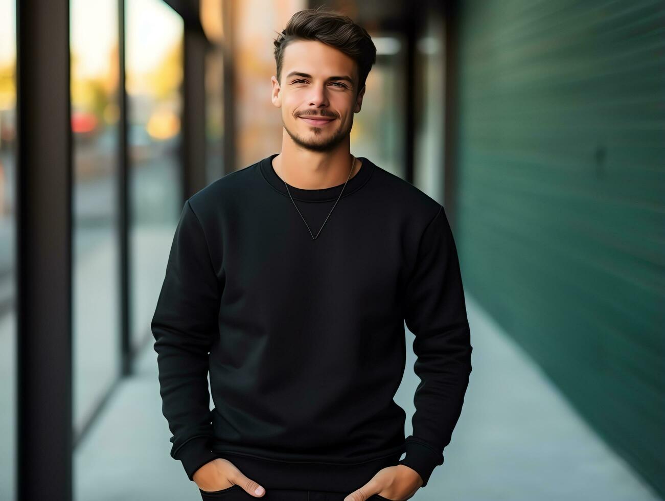 Attractive young man wearing blank empty black t-shirt long sleeves mockup for design template, AI Generated photo