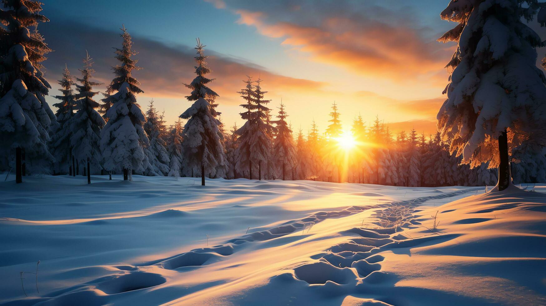 hermosa puesta de sol en el invierno nieve paisaje fondo, ai generado foto