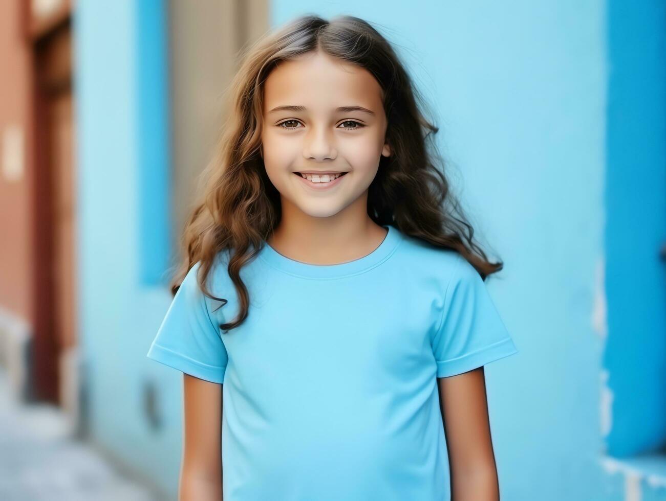 linda pequeño niña vistiendo blanco vacío azul camiseta Bosquejo para diseño plantilla, ai generado foto