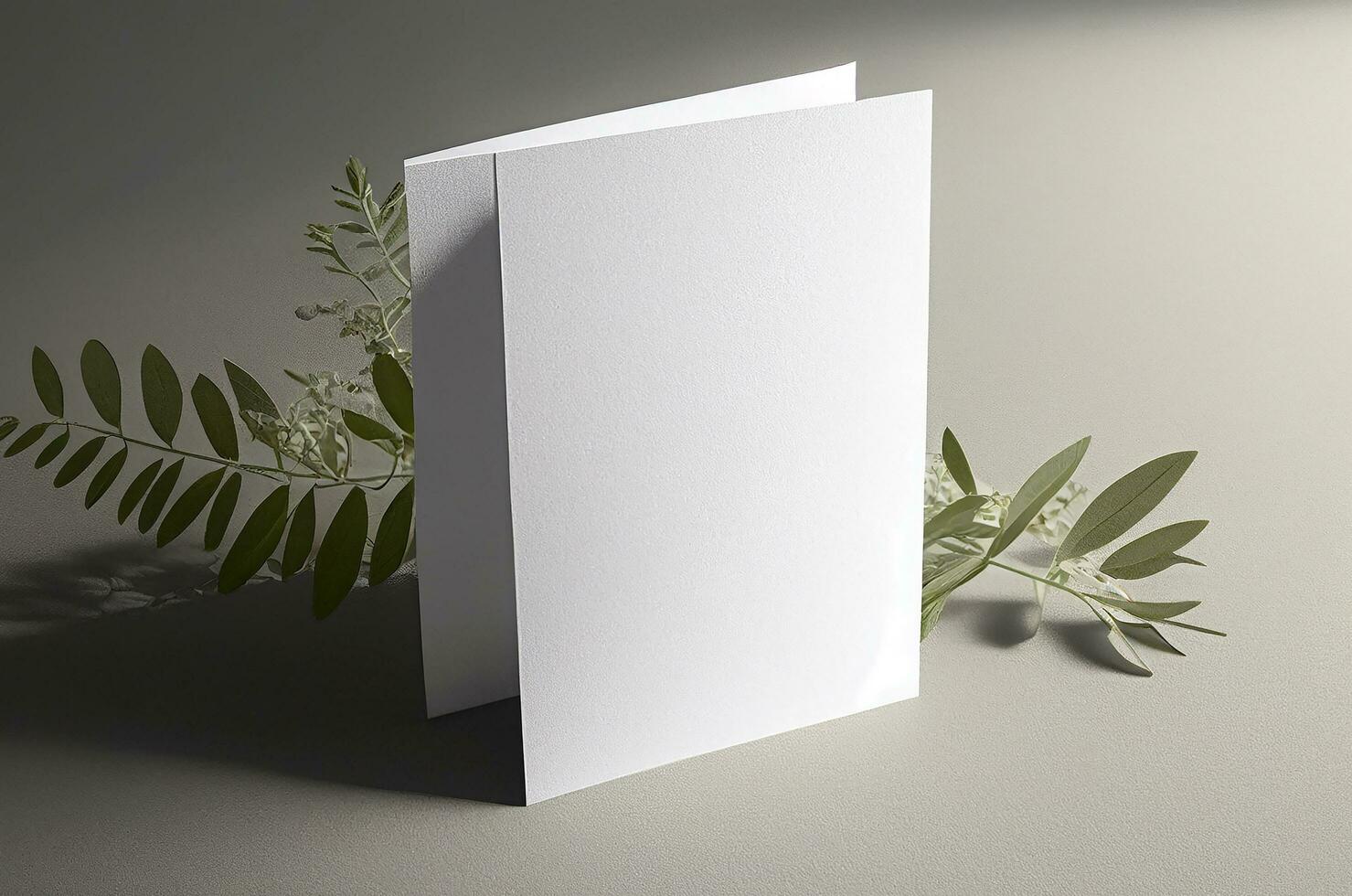 Blank wedding card invitation mock up with natural leaves for decorated background, minimal design card, AI Generated photo