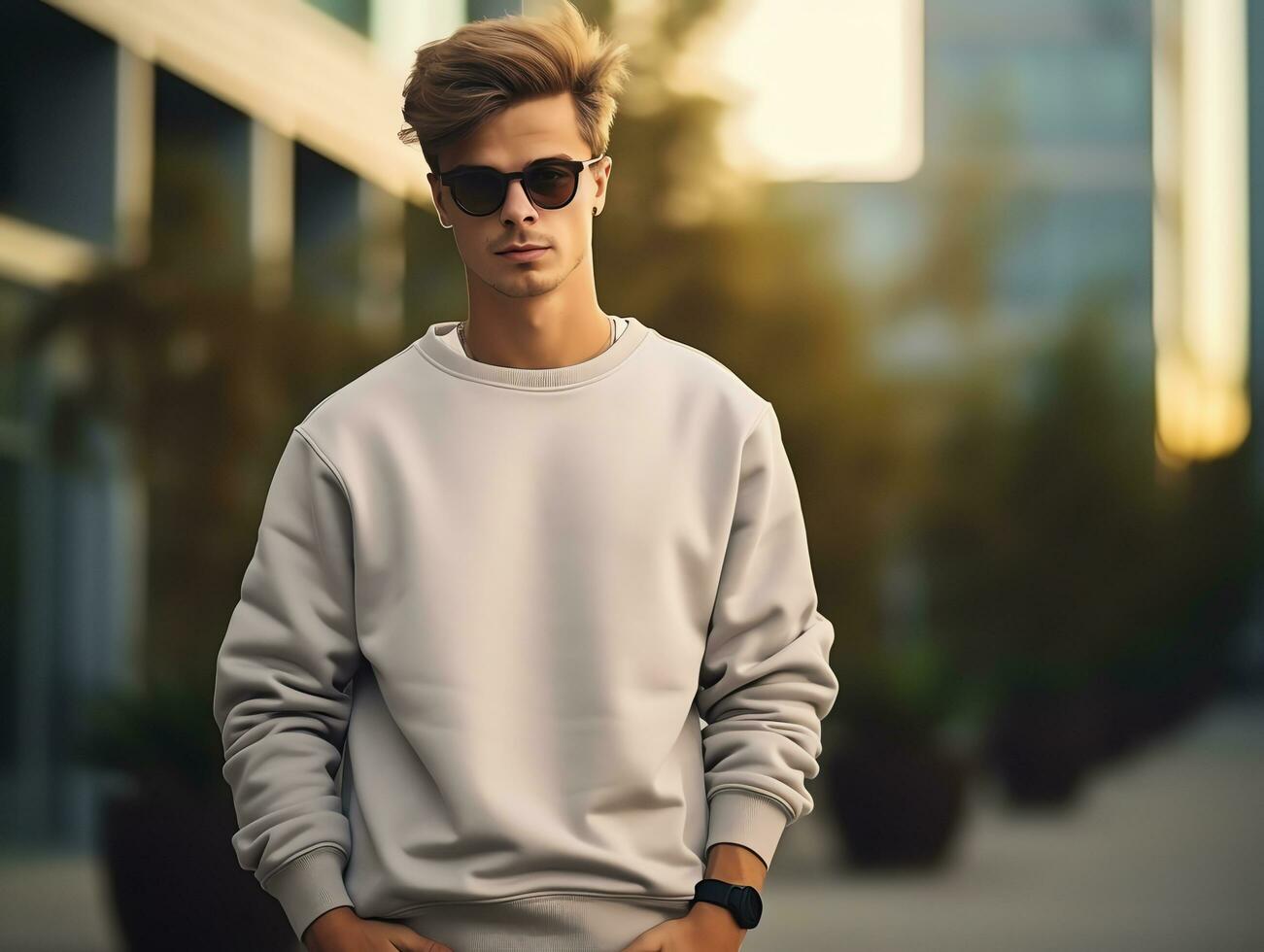 Young man wearing blank empty grey t-shirt long sleeves sweater mockup for design template,AI Generated photo