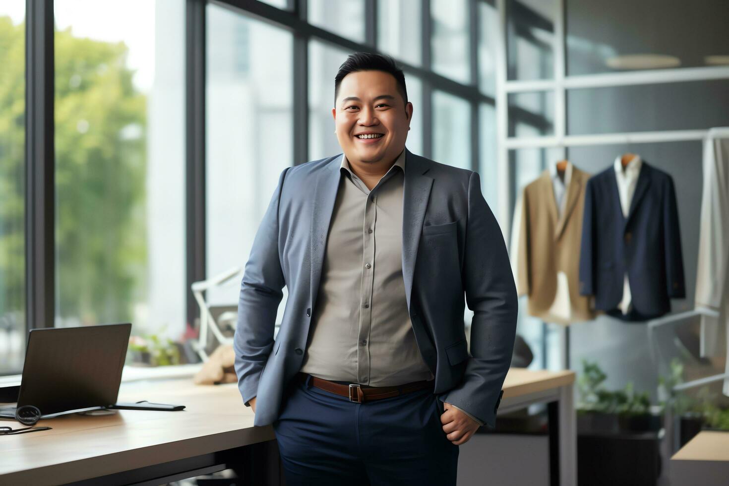 Plus size manager asian businessman confident and standing front of modern office, AI Generated photo