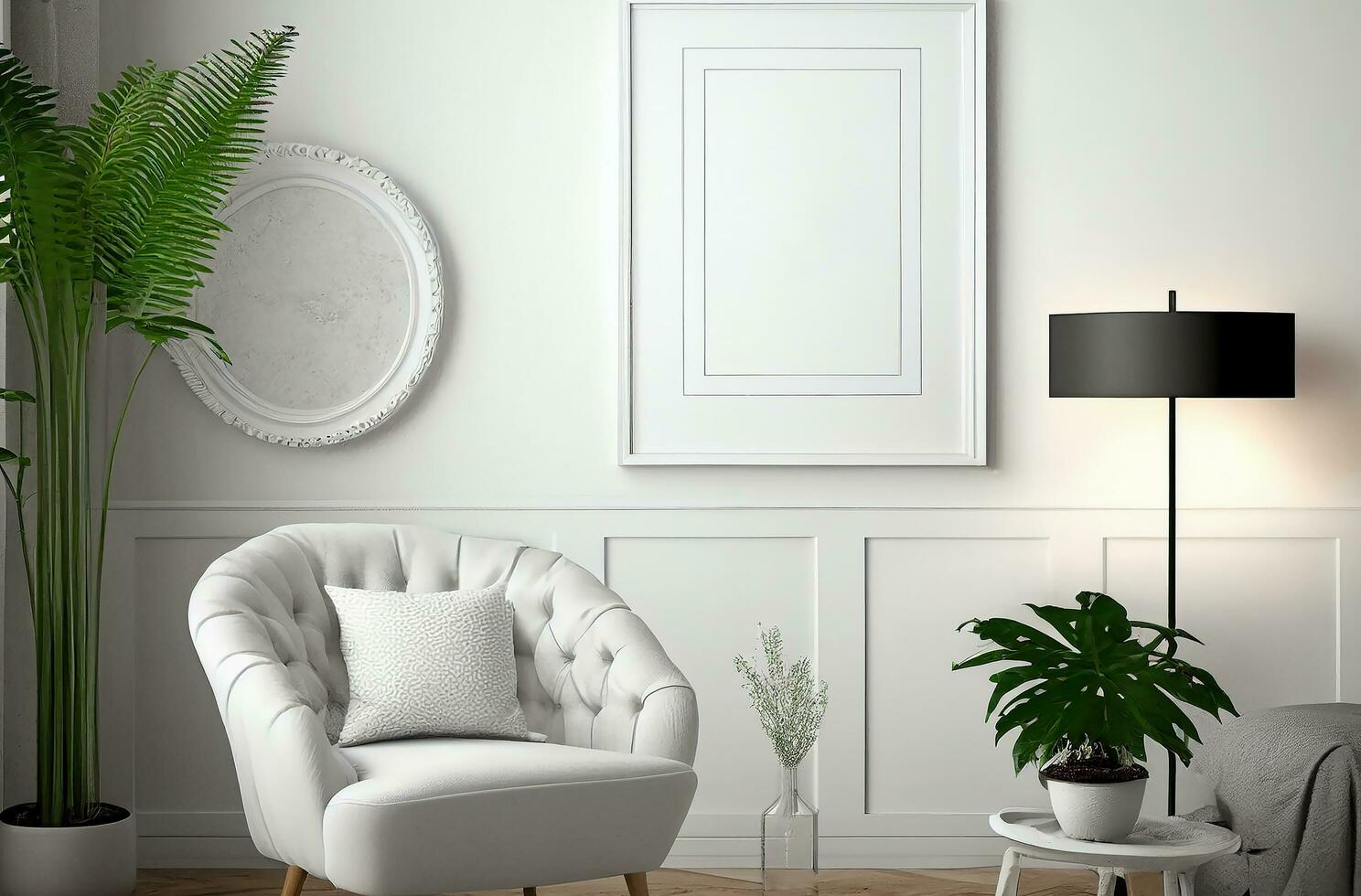 Blank white frame mock up for interior scandinavian room minimal style, living room decoration, AI Generated photo