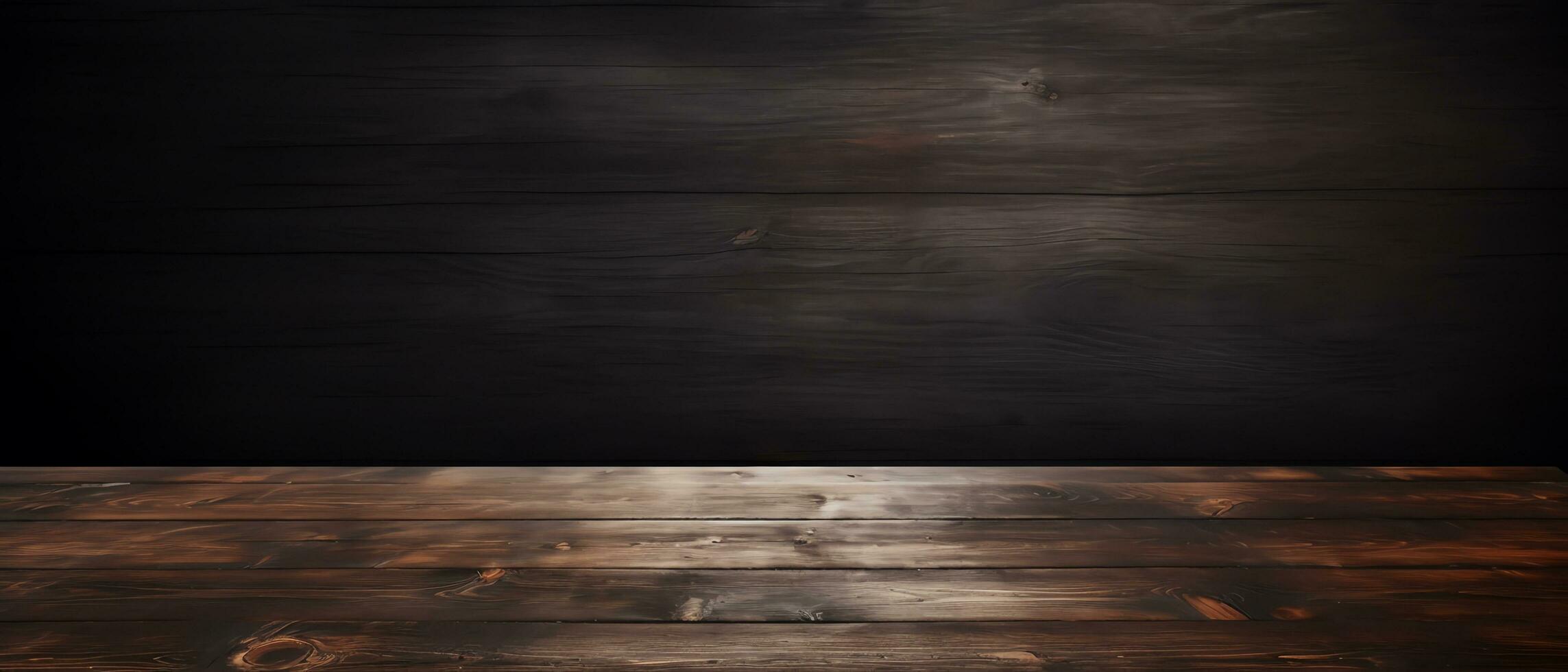 Blank wooden tabletop on black board wall background, mockup and display for product, banner style,AI Generated photo