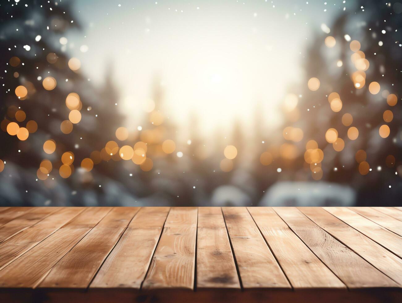 Abstract empty wooden table top with copy space over christmas winter bokeh blurred light background, AI Generated photo