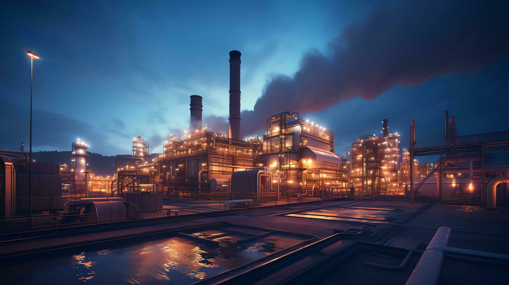 Panoramic view of gas turbine electrical power plant in twilight sky background, industry concept, AI Generated photo