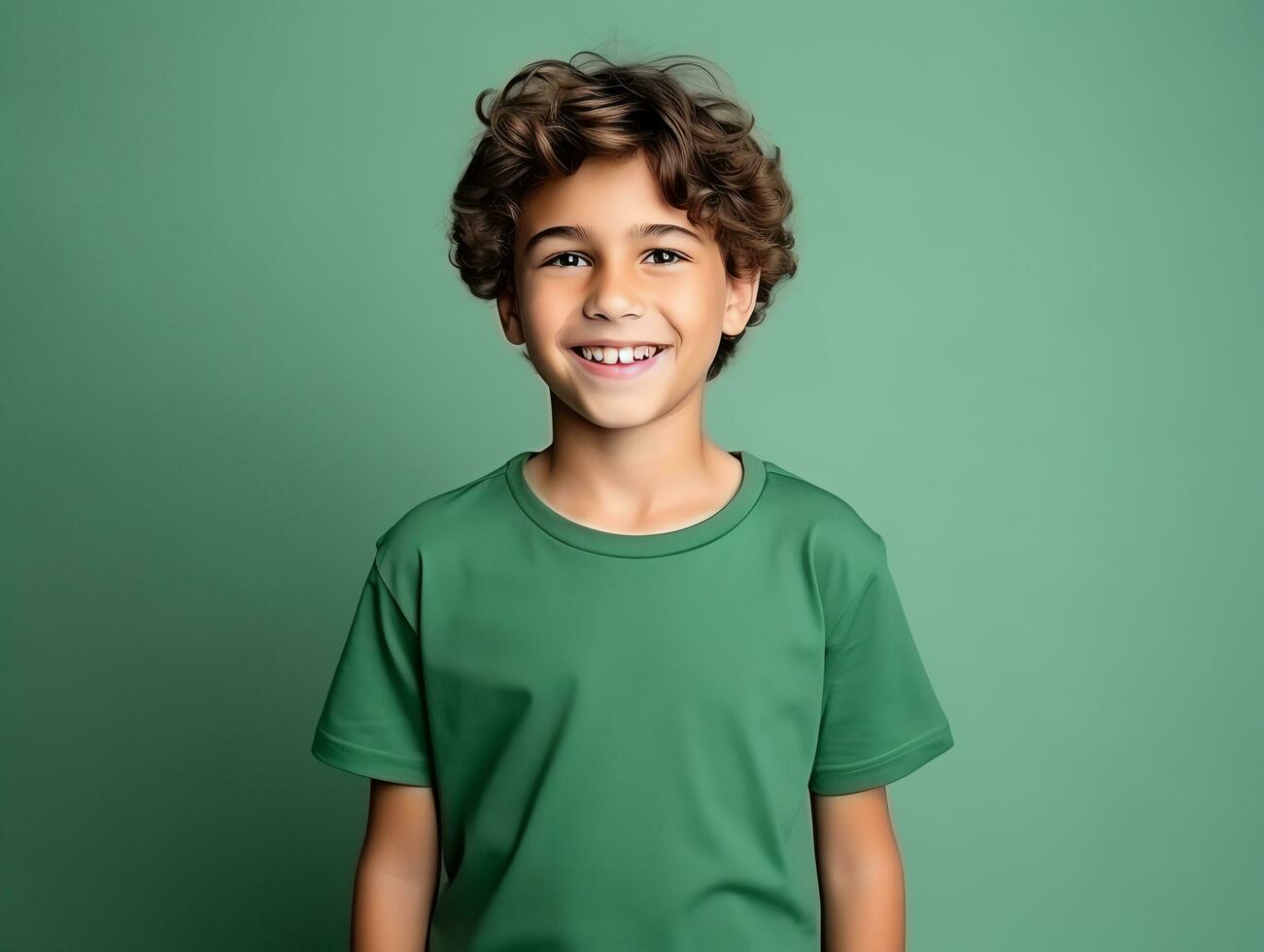 Cute boy wearing blank empty green t-shirt mockup for design template, AI Generated photo