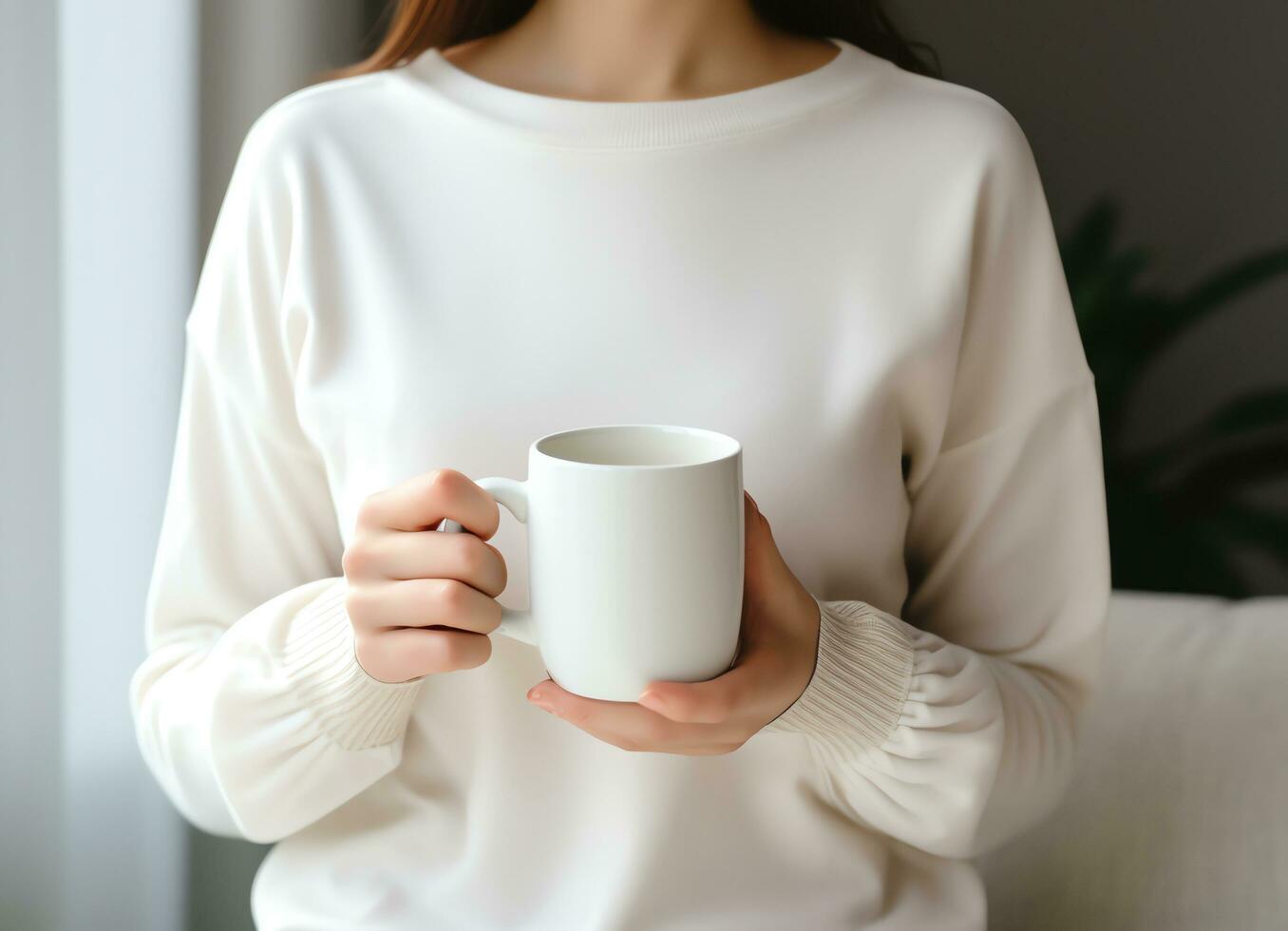 mujer en suéter participación blanco vacío blanco jarra Bosquejo para diseño plantilla, ai generado foto