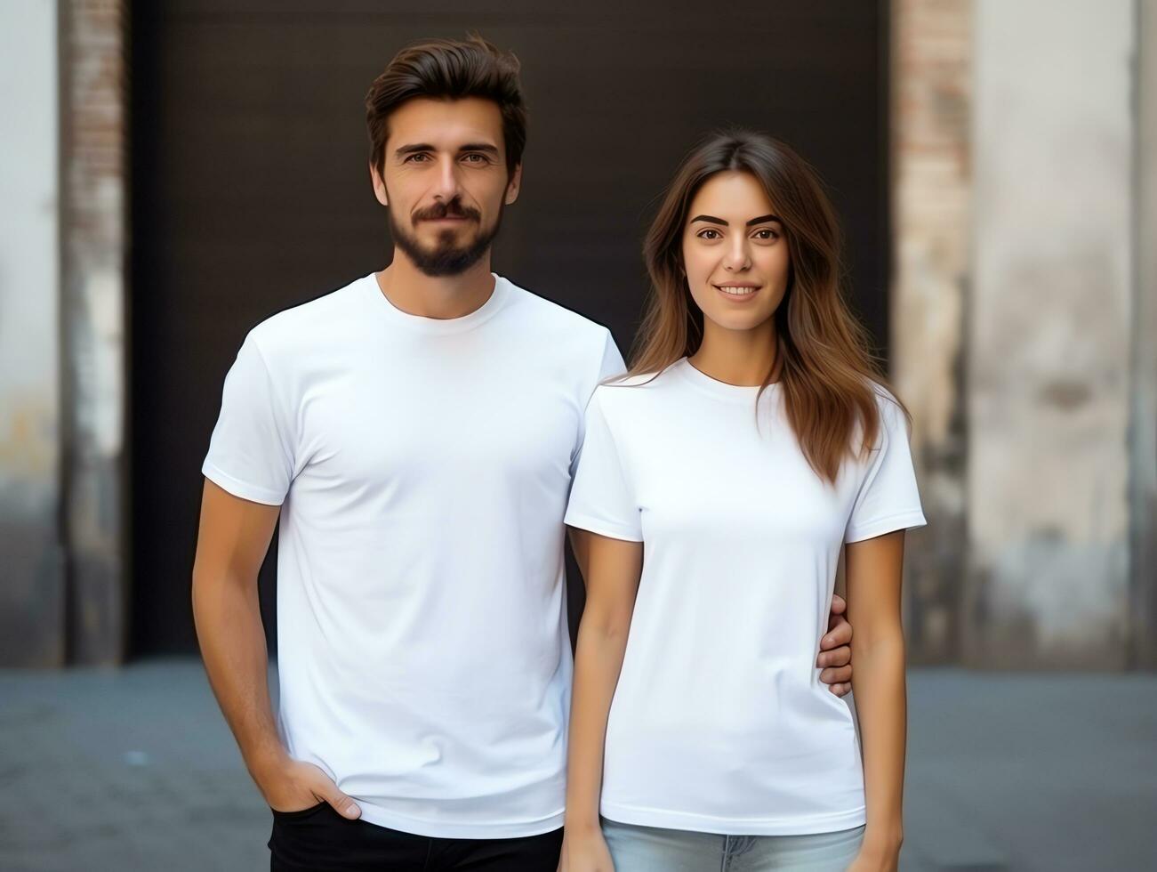 A couple boyfriend and girlfriend wearing blank white matching t-shirts mockup for design template, AI Generated photo