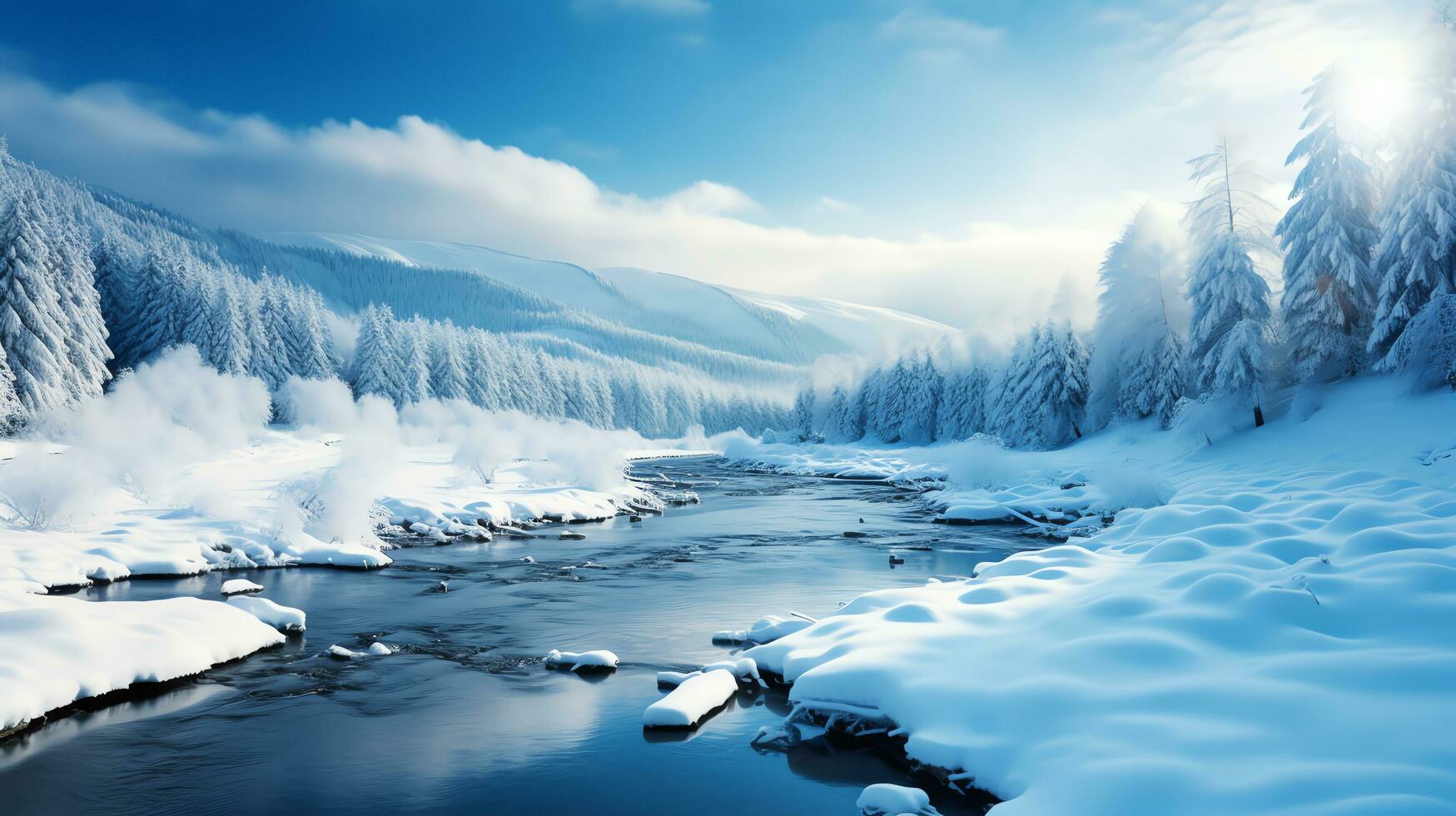 Landscape of winter mountain with river in national park, AI Generated photo