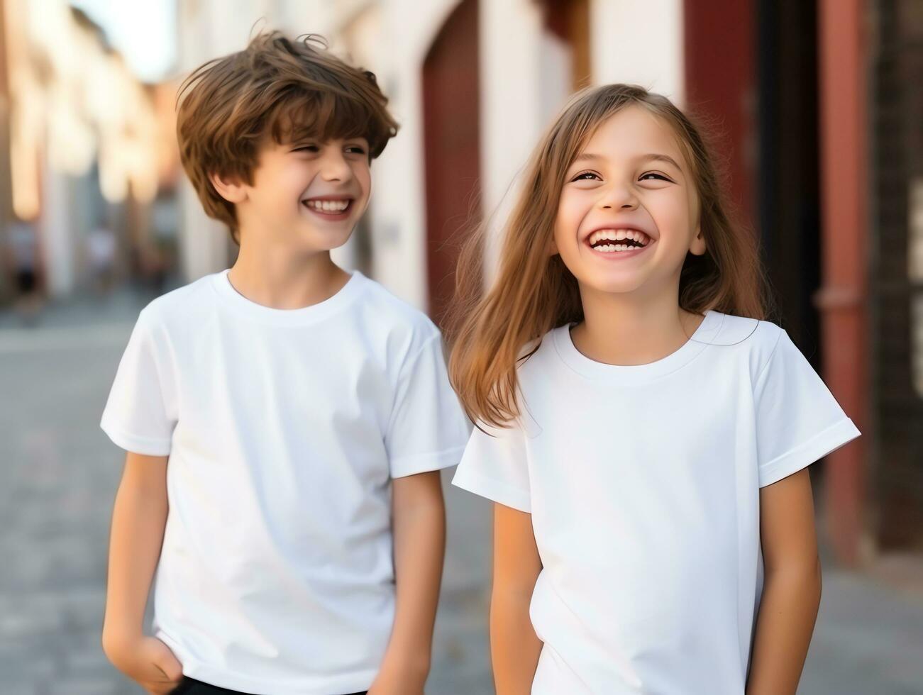 linda hermano o amigo, chico y niña vistiendo blanco vacío blanco camiseta Bosquejo para diseño plantilla, ai generado foto