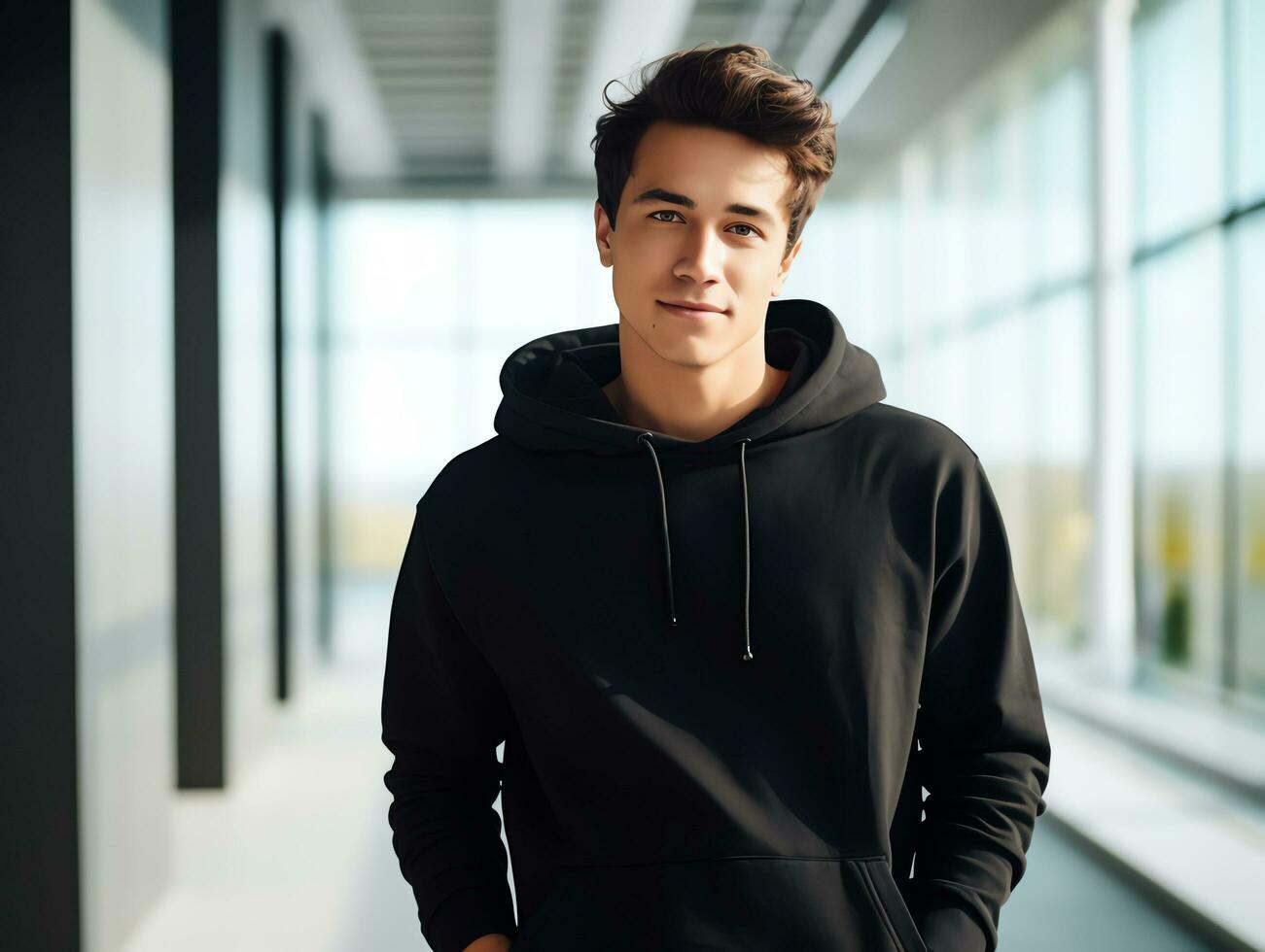 Young man wearing blank empty black hoodie long sleeves mockup for design template,AI Generated photo