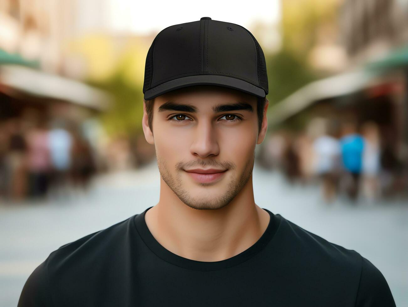 A man wearing blank empty black cap mockup for design template photo