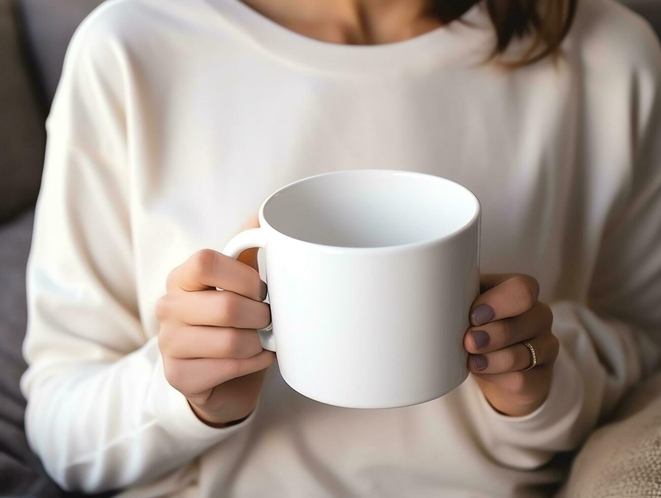 Woman in sweater holding blank empty white mug mockup for design template,AI Generated photo