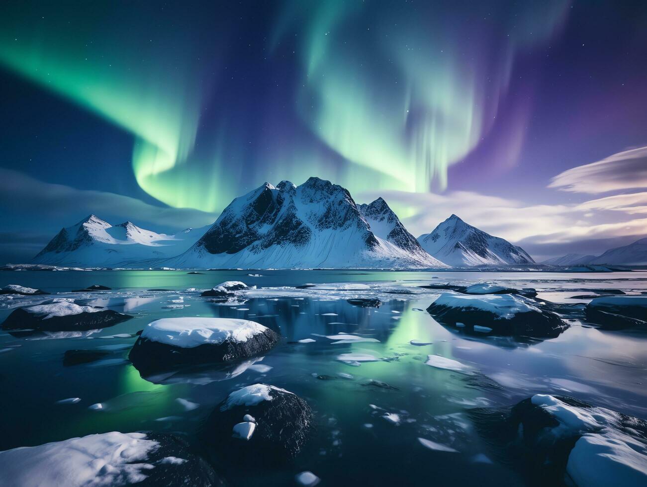 landscape of beautiful aurora borealis over snowy mountain background, AI Generated photo