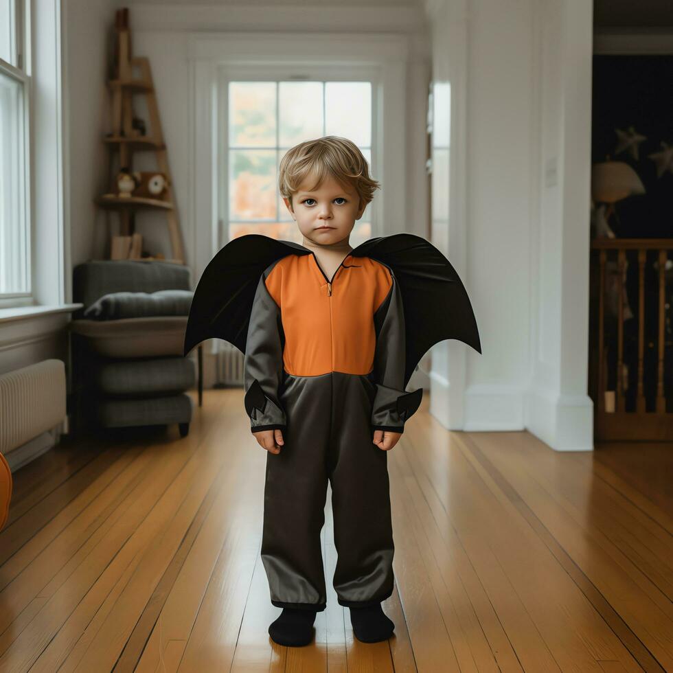 contento Víspera de Todos los Santos niño concepto, un chico vistiendo Víspera de Todos los Santos traje, ai generado foto