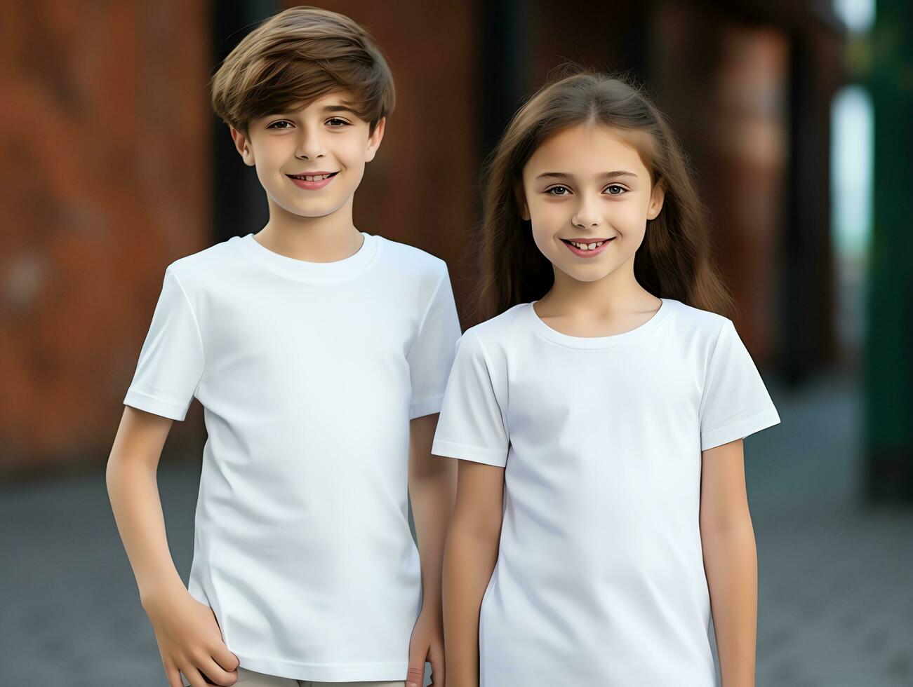Cute sibling or friend, boy and girl wearing blank empty white tshirt mockup for design template,AI Generated photo