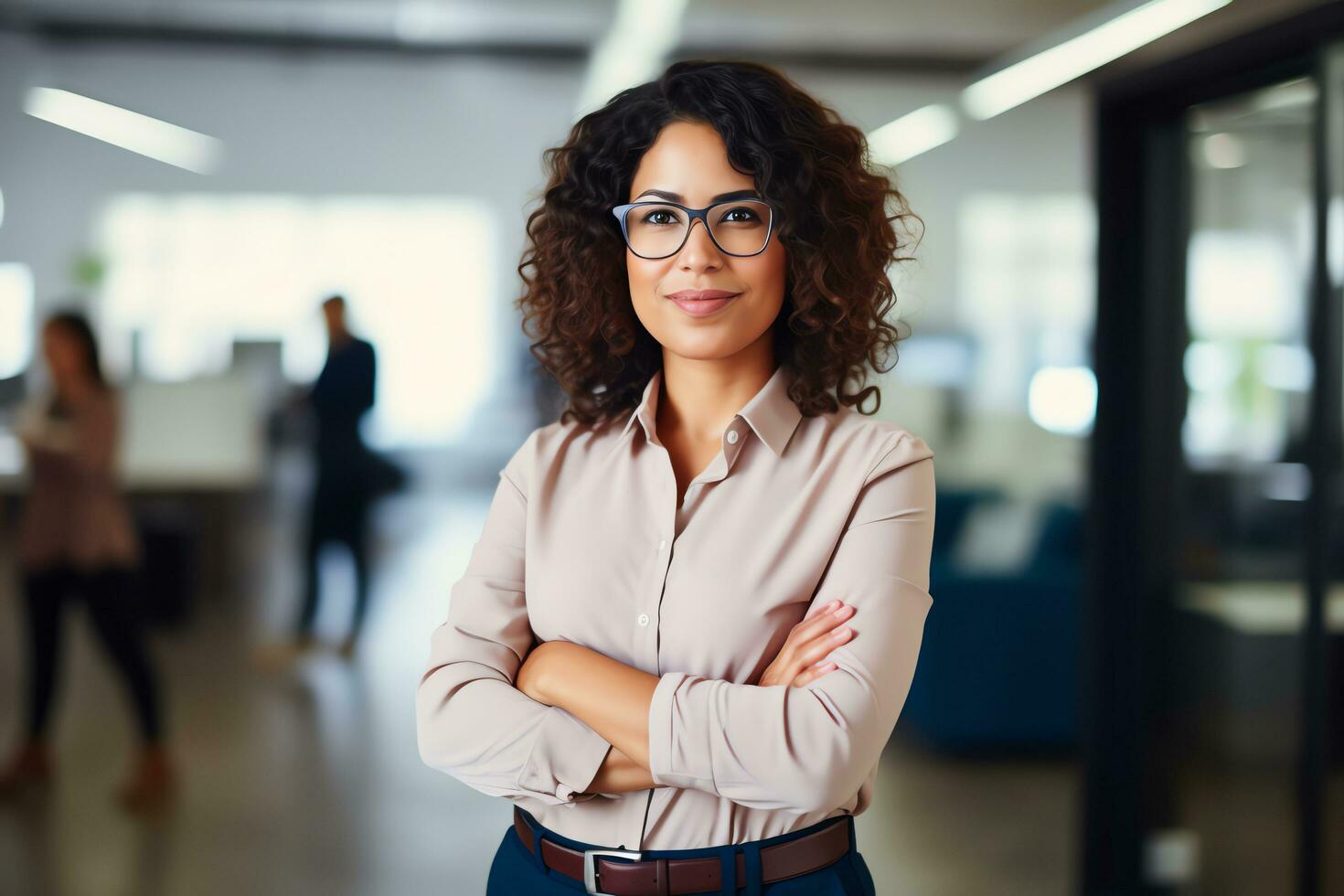 atractivo Hispano mujer de negocios CEO confidente y estando frente de moderno oficina, ai generado, ai generado foto