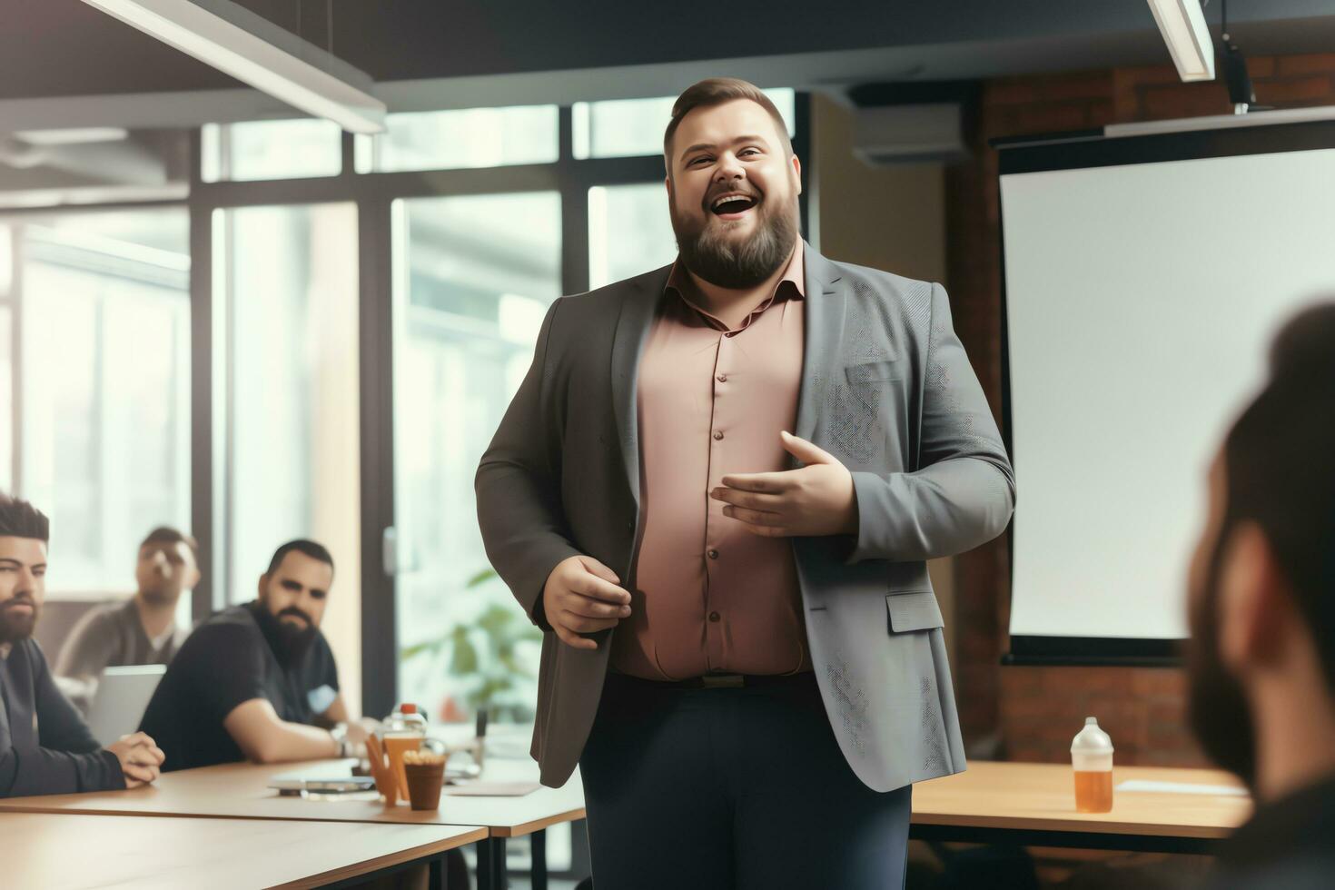 más Talla gerente empresario hablando y presentación en reunión habitación oficina, ai generado foto