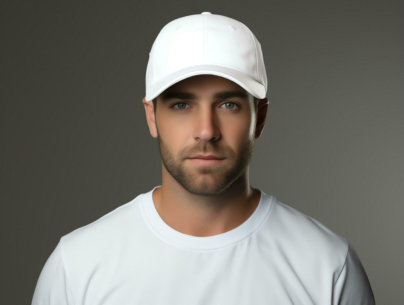 A man wearing blank empty white cap mockup for design template, AI Generated photo
