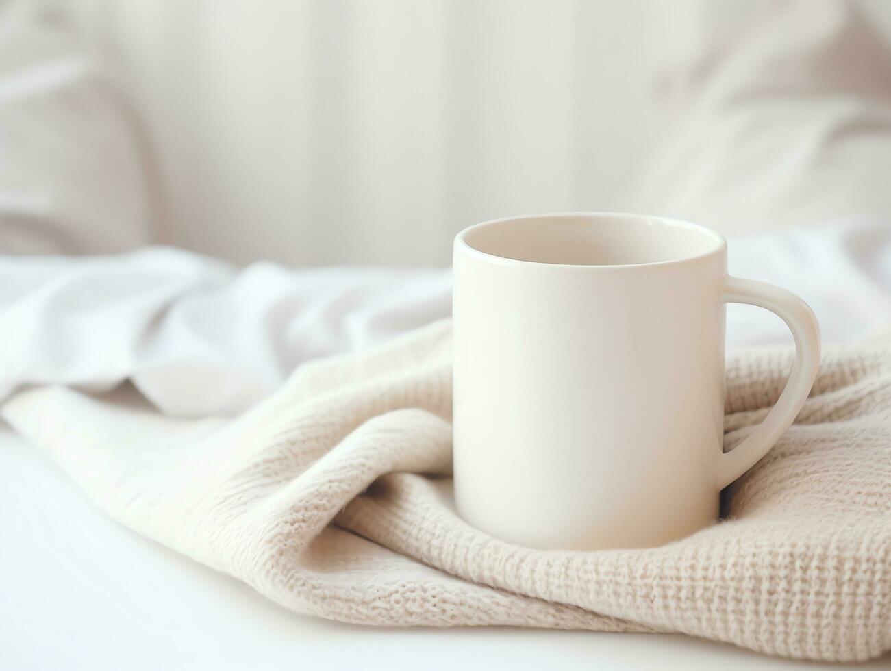 Blank empty white coffee mug mockup on warm knitted clothes in autumn and winter season,AI Generated photo