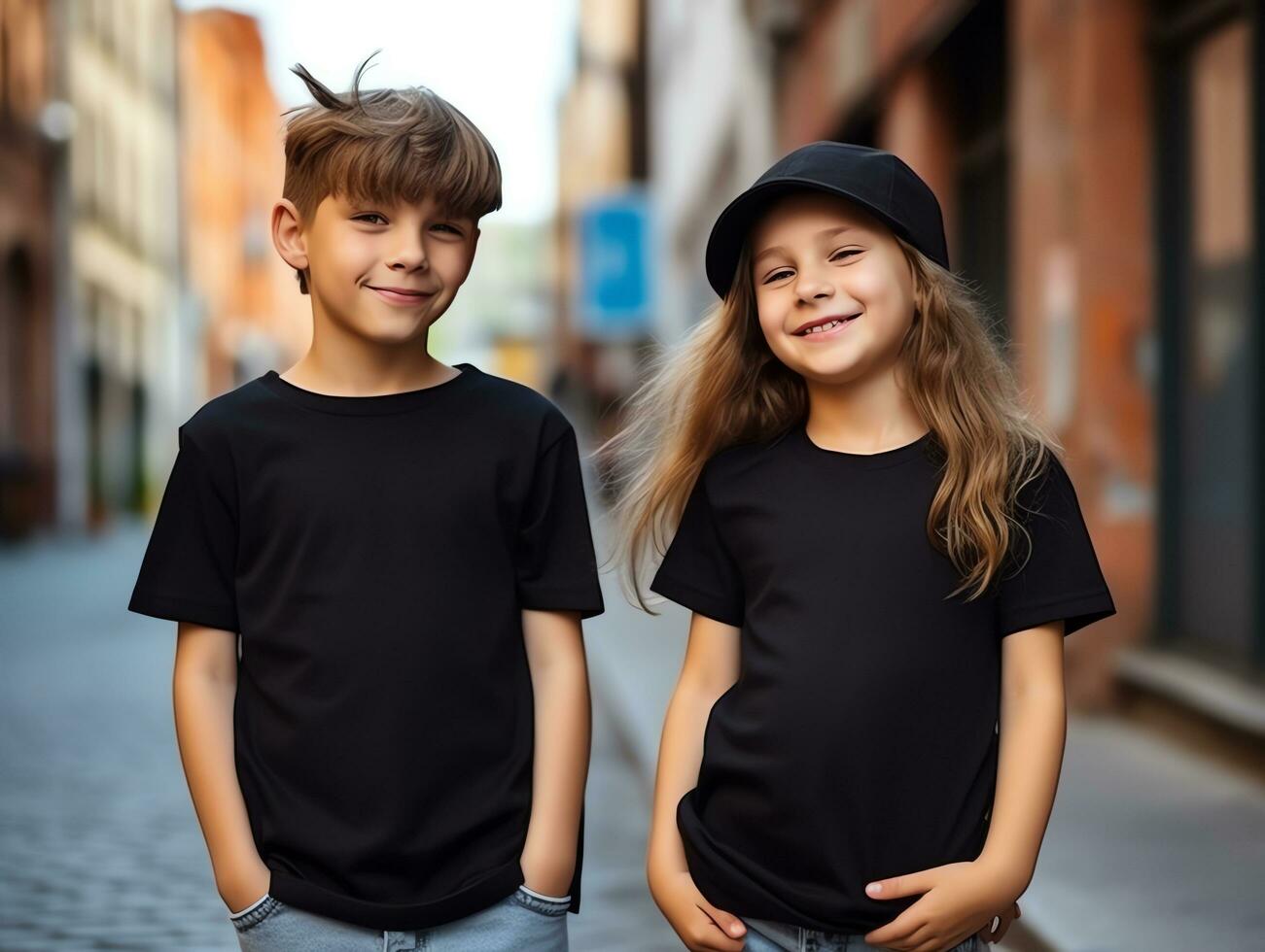 Cute sibling or friend, boy and girl wearing blank empty black tshirt mockup for design template,AI Generated photo