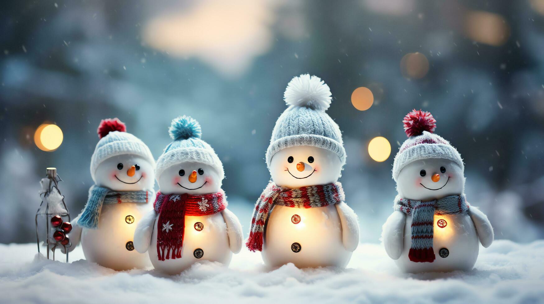 Group of cute snowmen in a cap and scarf in winter snow scene background, celebration concept,AI Generated photo