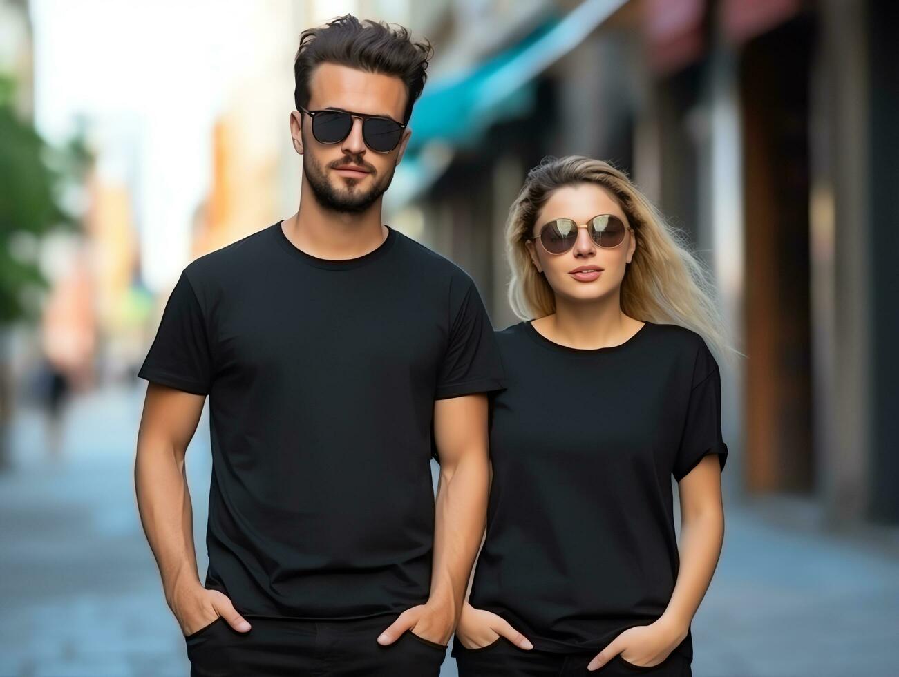 A couple boyfriend and girlfriend wearing blank black matching t-shirts mockup for design template photo