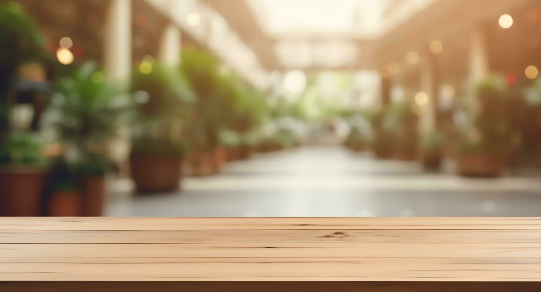 Empty wood table top on blur abstract of street shopping mall outdoor background, for montage product display,AI Generated photo