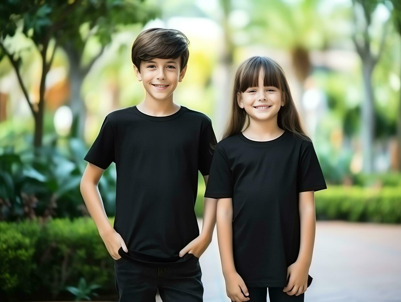 Cute sibling or friend, boy and girl wearing blank empty black tshirt mockup for design template,AI Generated photo