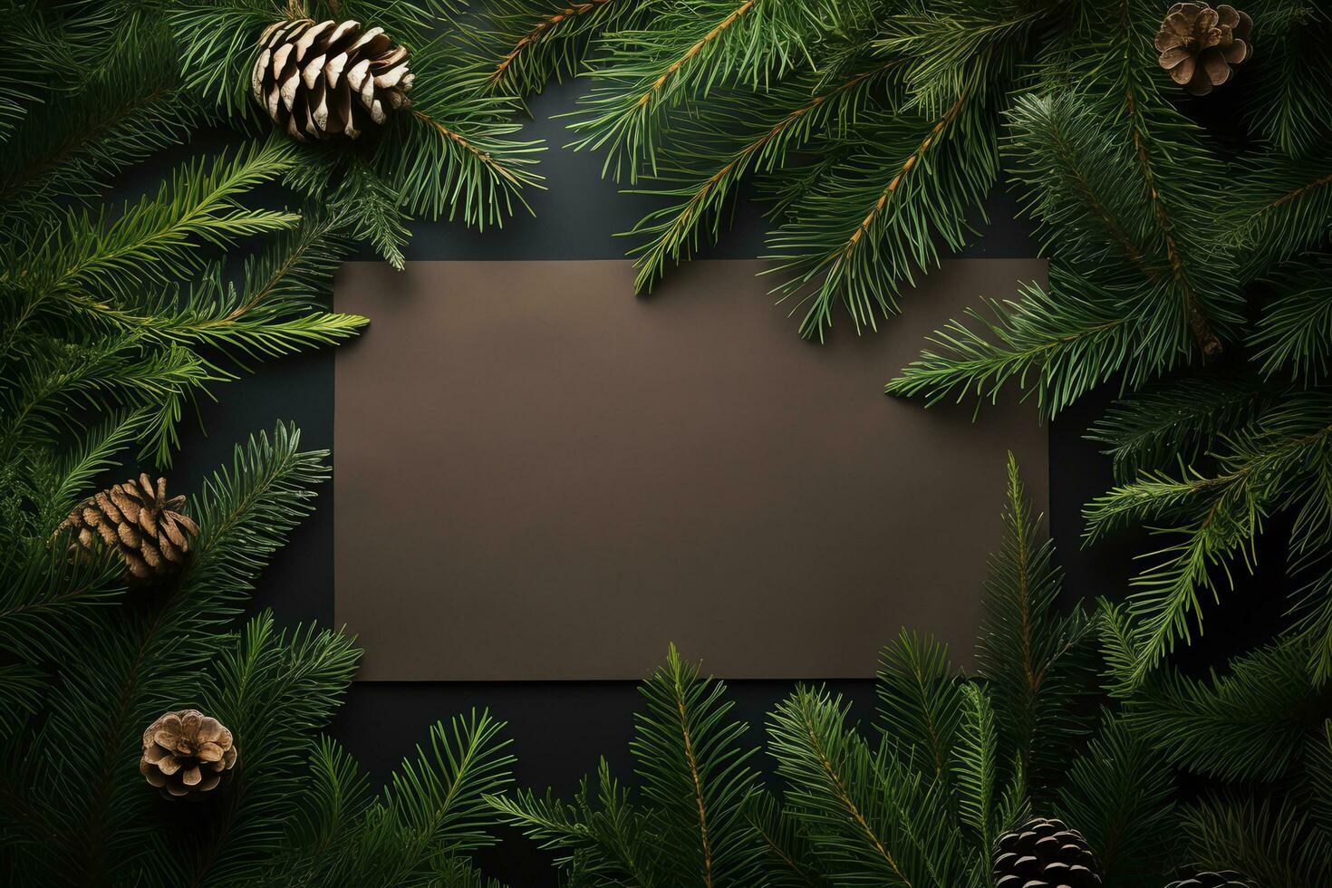 Flat lay of blank card paper on Christmas tree branches on wooden table,AI Generated photo