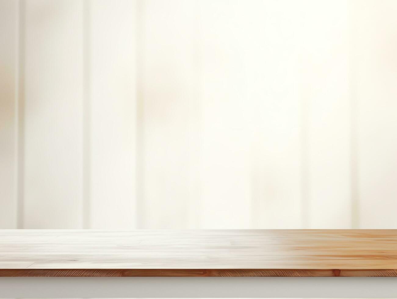 Abstract blank wooden tabletop over white wall background with morning sunlight,AI Generated photo