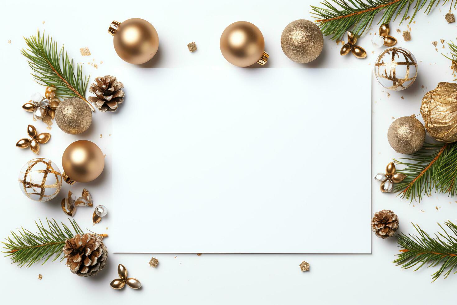 Flat lay of blank card on Christmas ornaments background, holiday concept,AI Generated photo