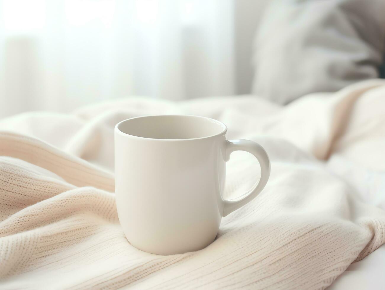 Blank empty white coffee mug mockup on warm knitted clothes in autumn and winter season,AI Generated photo