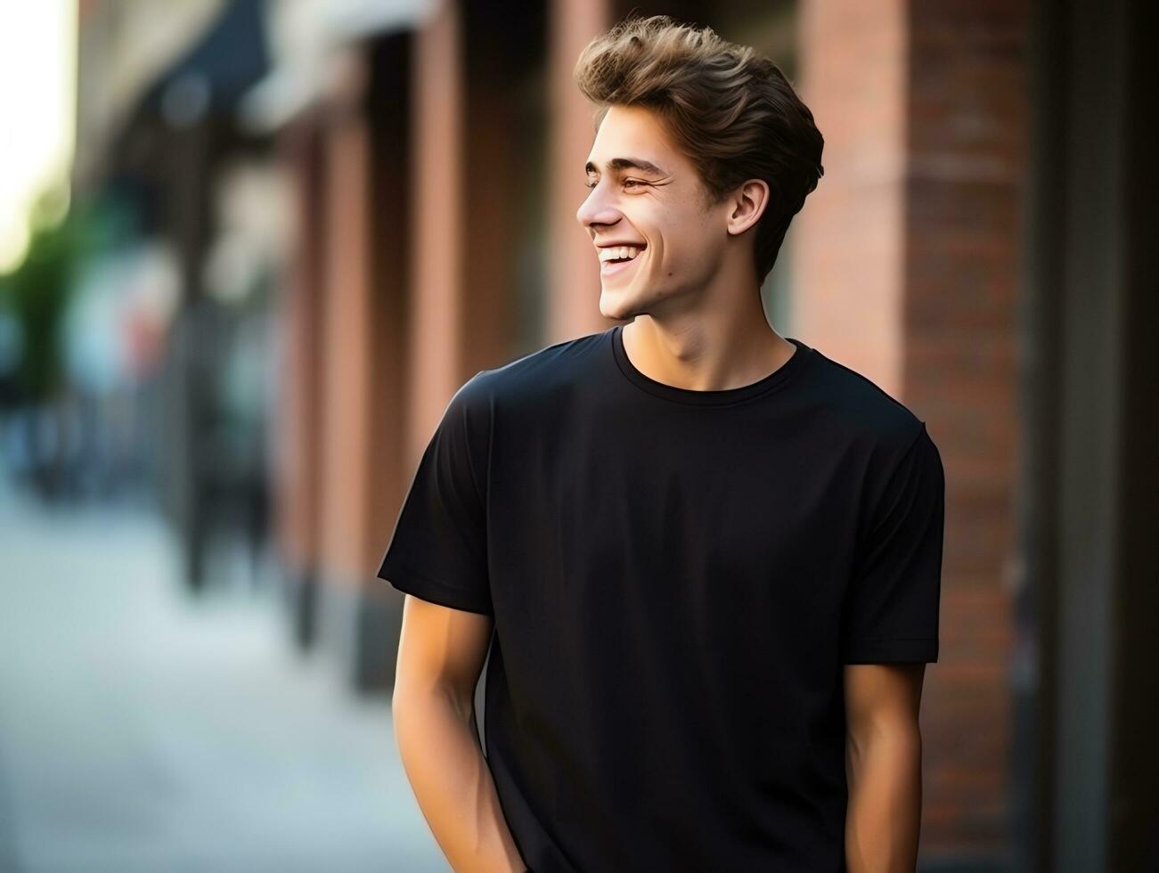 Cute teen boy wearing blank empty black t-shirt mockup for design template, AI Generated photo