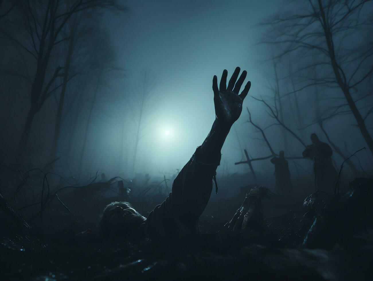 Zombie hand rising on tombstone in dark spooky night, halloween background, AI Generated photo