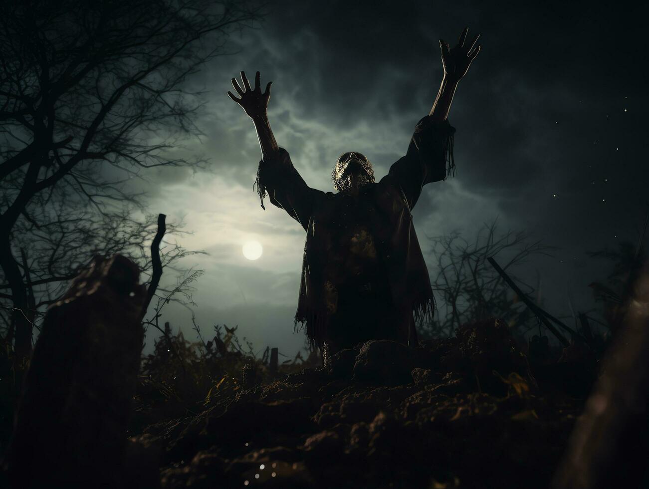 Zombie hand rising on tombstone in dark spooky night, halloween background, AI Generated photo