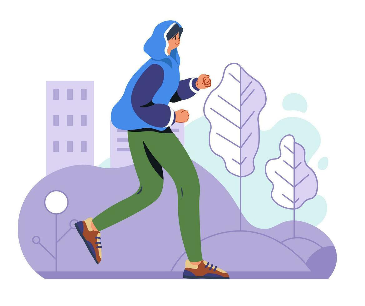Personage jogging in city, woman running vector