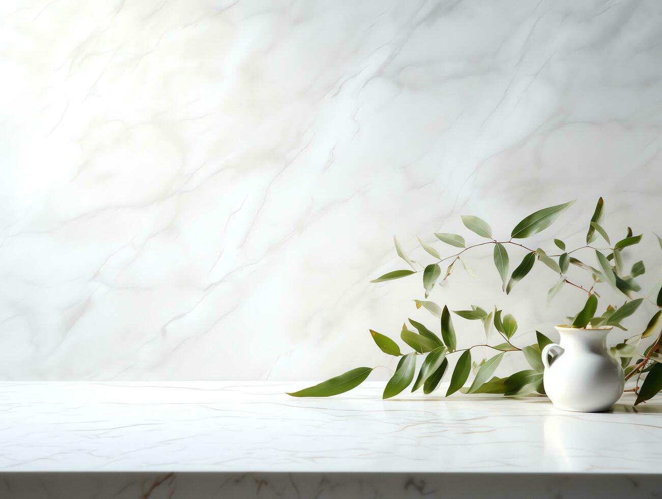 Abstract white marble tabletop with plant and copy space background, product montage photo