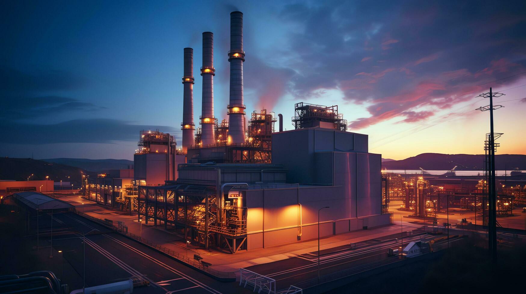 Panoramic view of gas turbine electrical power plant in twilight sky background, industry concept, AI Generated photo