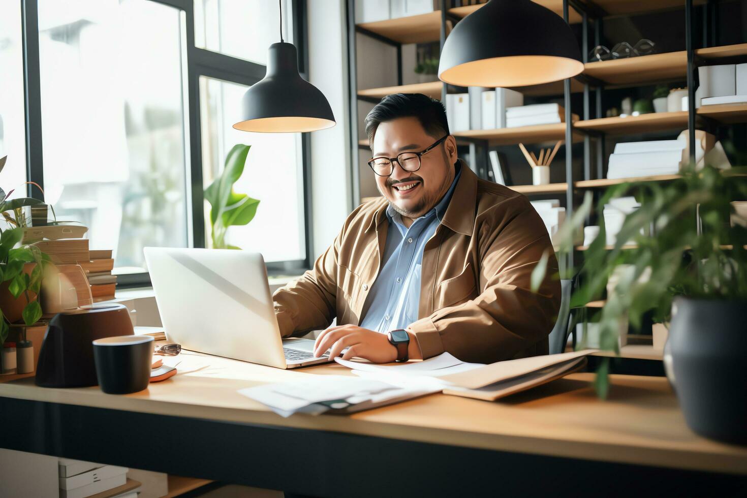 Plus size manager asian businessman CEO working in modern office, AI Generated photo