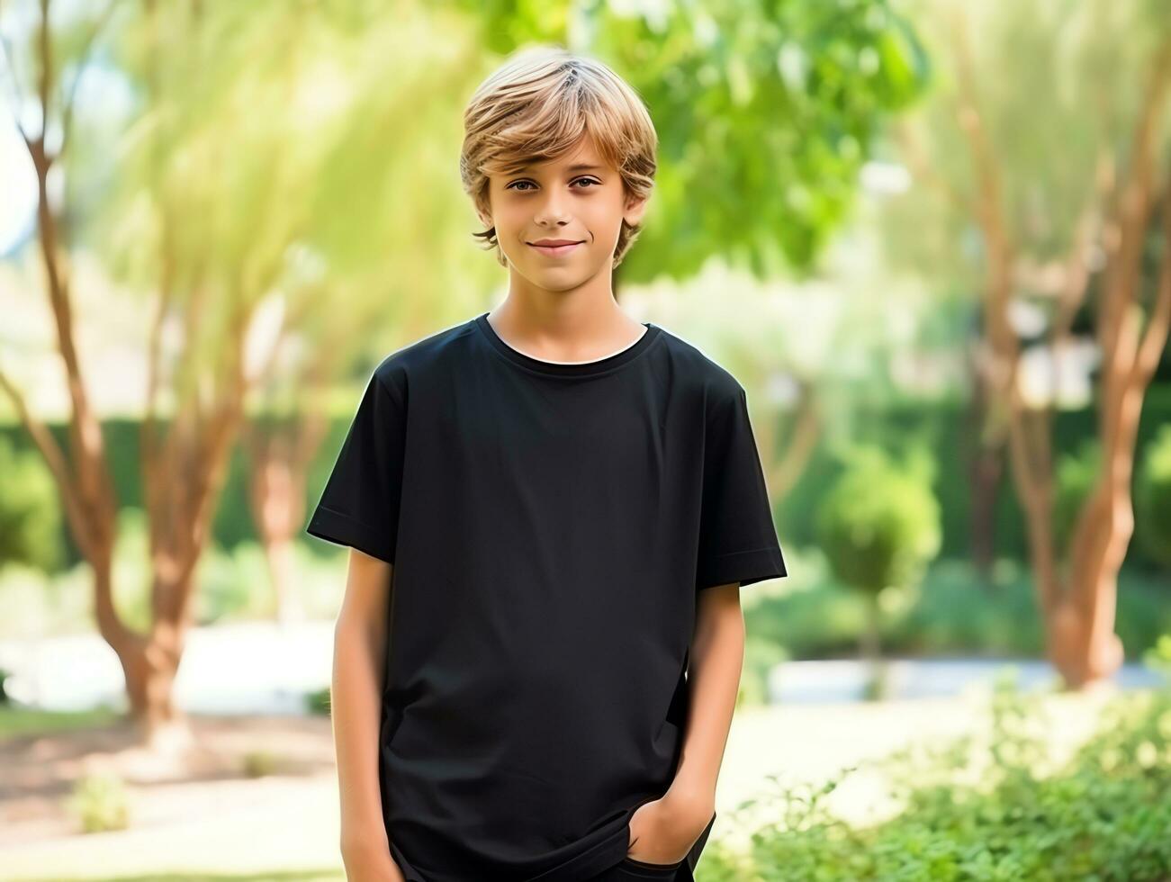 Cute boy wearing blank empty black t-shirt mockup for design template,AI Generated photo