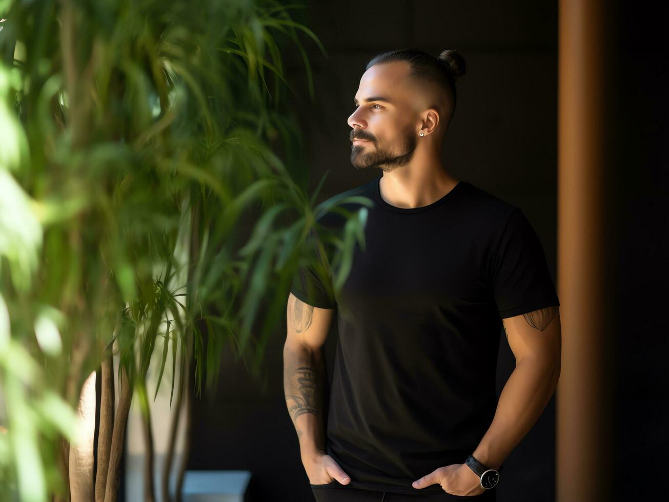 Attractive caucasian man wearing blank empty black t-shirt mockup for design template, AI Generated photo