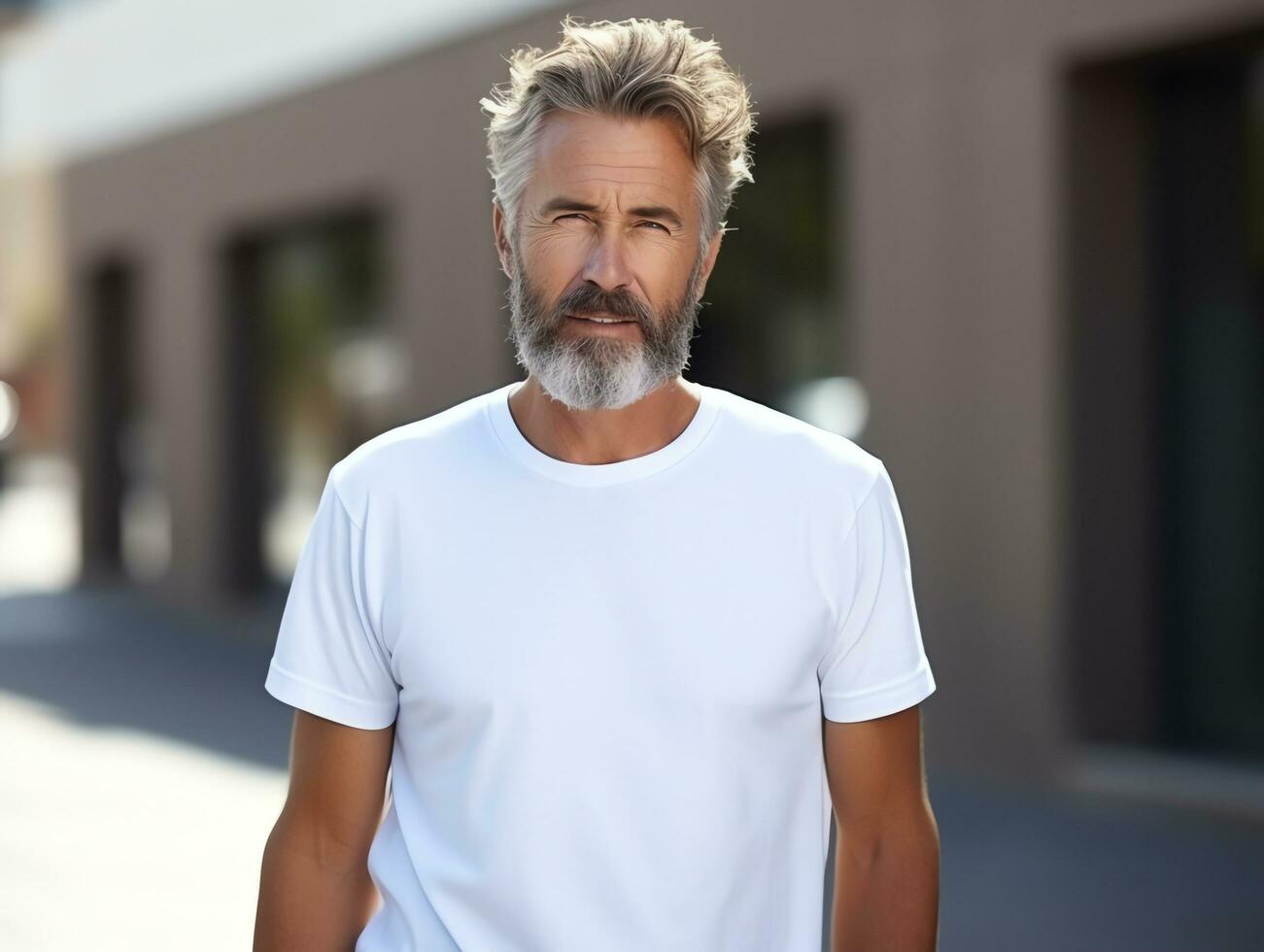 Healthy senior man wearing blank empty white t-shirt mockup for design template, AI Generated photo