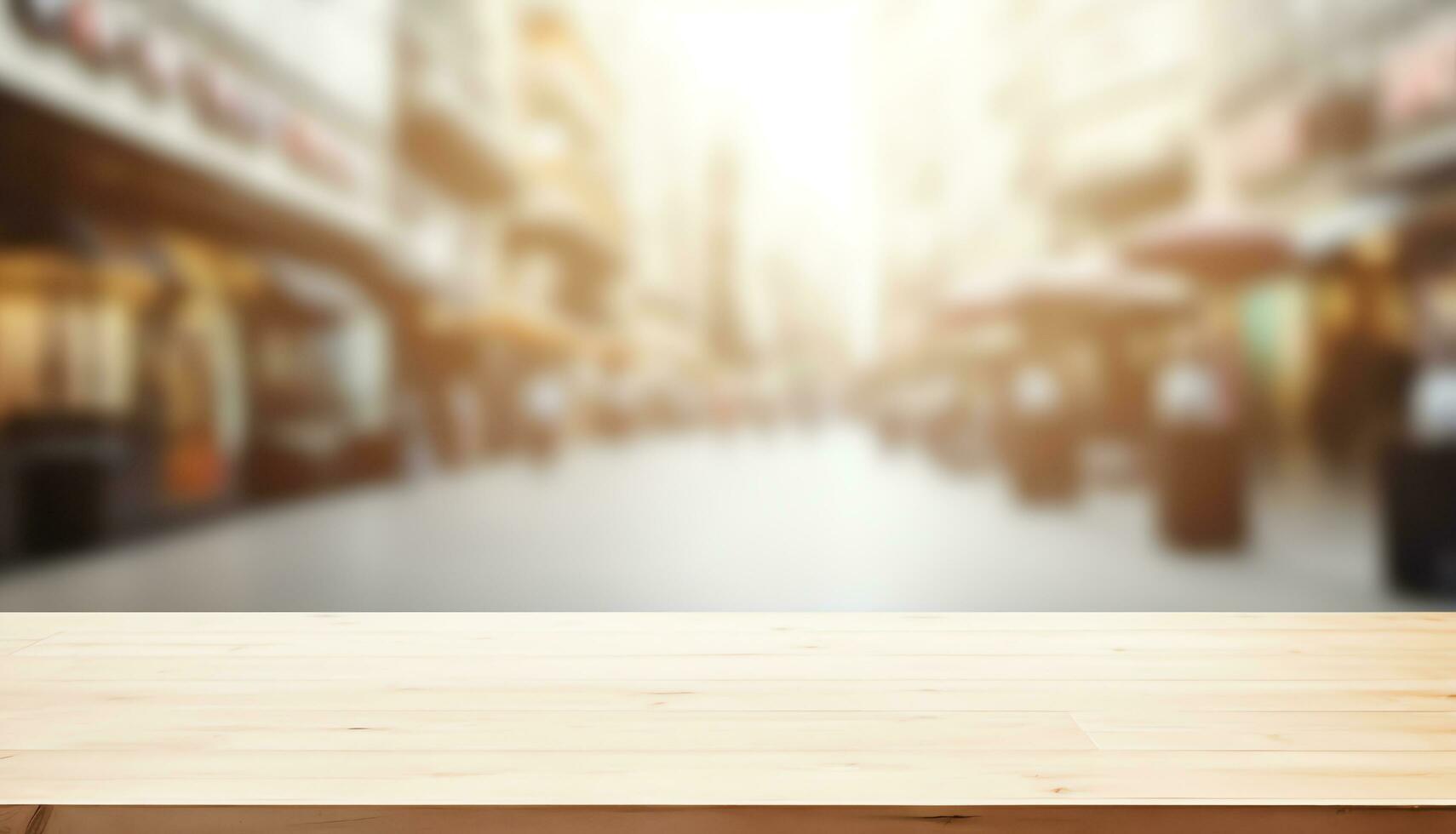 vacío madera mesa parte superior en difuminar resumen de calle compras centro comercial al aire libre fondo, para montaje producto mostrar, ai generado foto