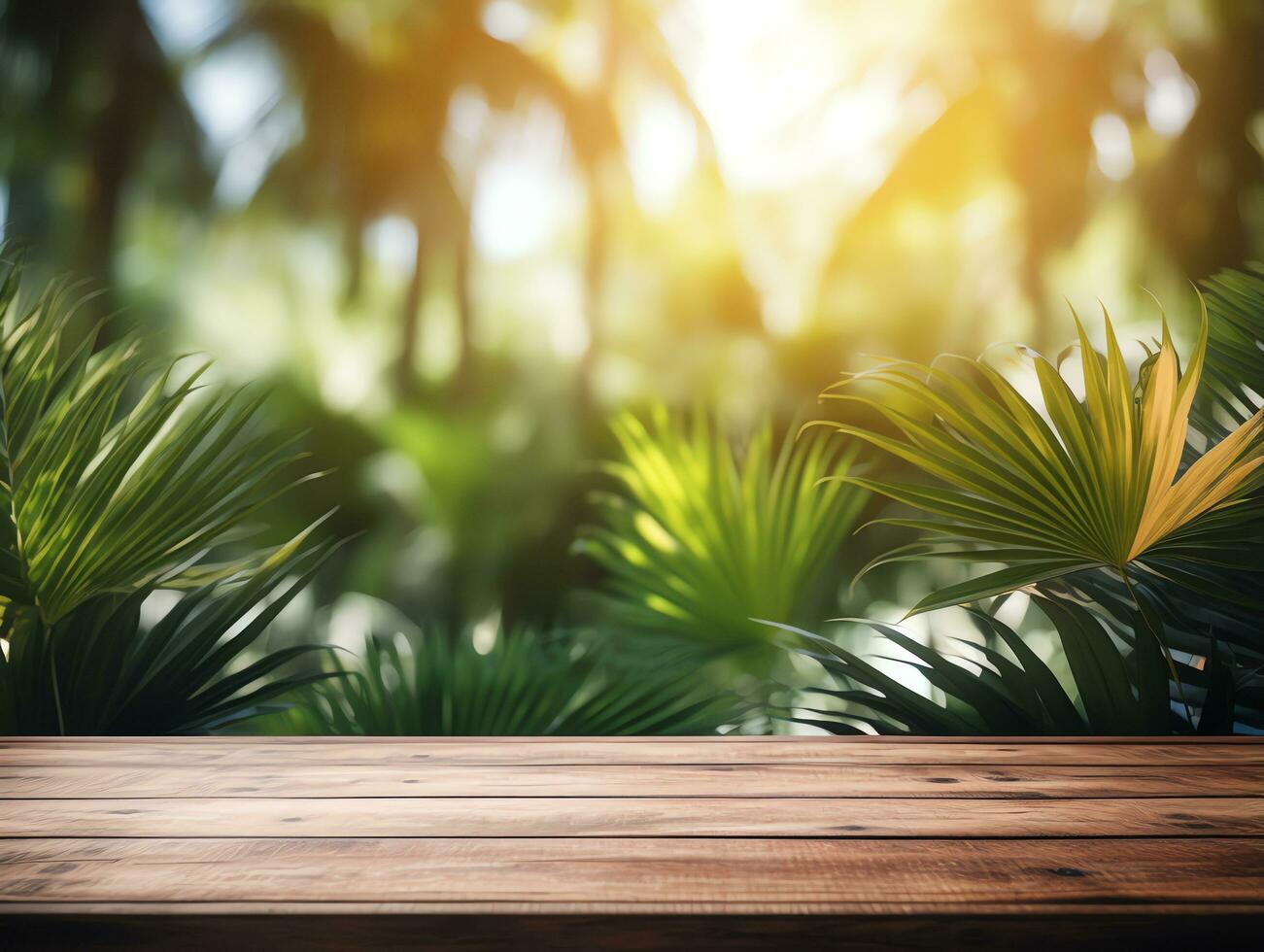 Abstract blank wooden tabletop over blurred green plant in garden background with morning sunlight,AI Generated photo