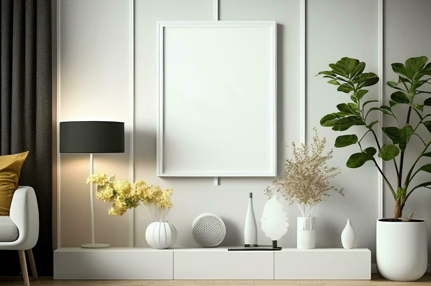 Blank white frame mock up for interior scandinavian room minimal style, living room decoration, AI Generated photo