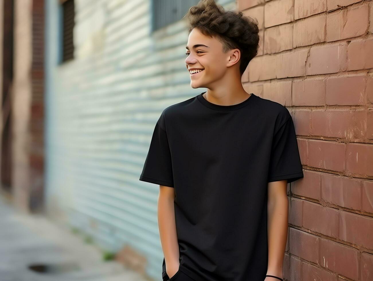 Cute teen boy wearing blank empty black t-shirt mockup for design template, AI Generated photo
