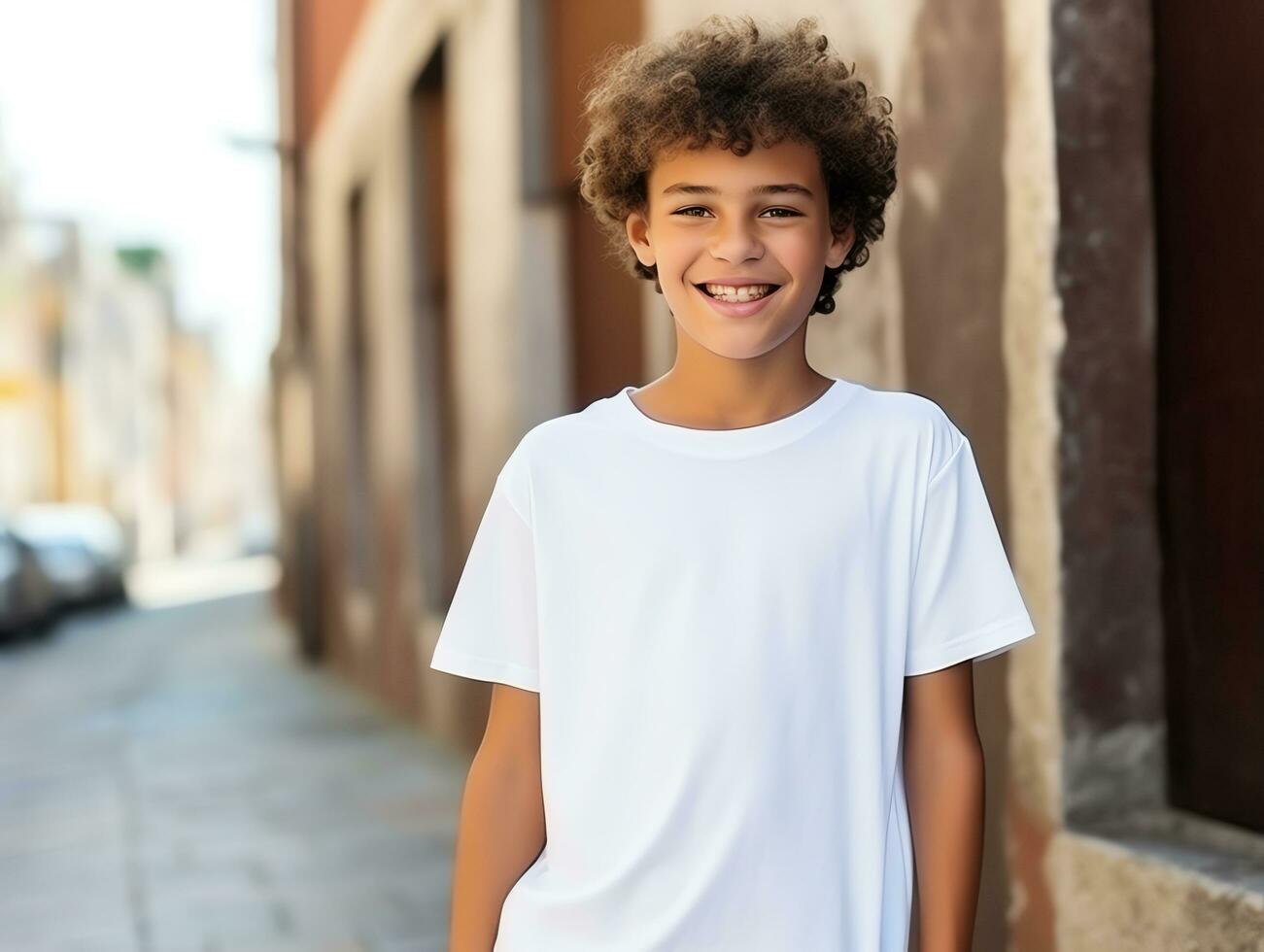 Cute teen boy wearing blank empty white t-shirt mockup for design template, AI Generated photo